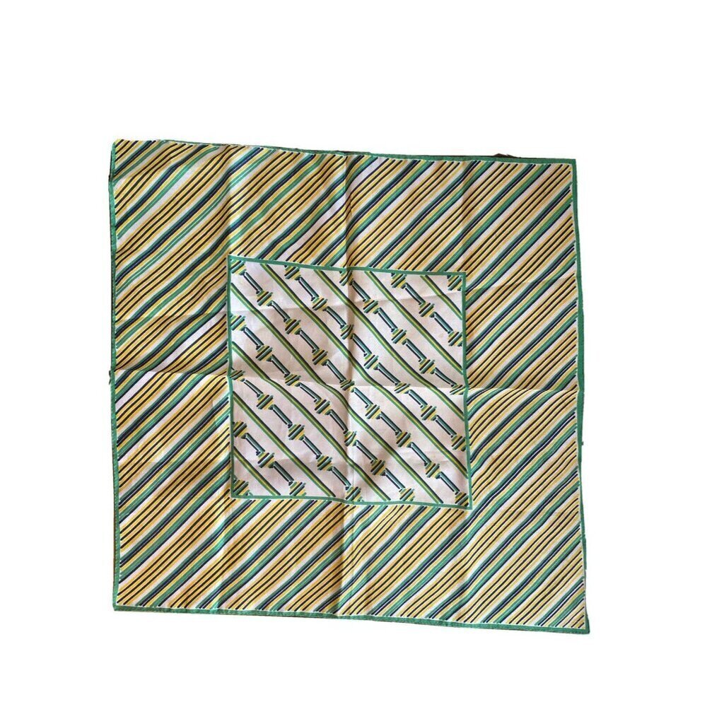 Vintage Green Yellow‎ White Square Geometric Strip Mod Polyester Scarf